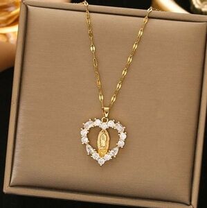 NIB Mytys Gold Heart Virgin Mary Pendant Necklace Up To 24" Chain